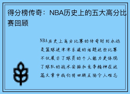 得分榜传奇：NBA历史上的五大高分比赛回顾